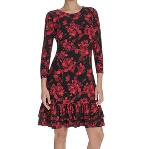TOMMY HILFIGER LADIES BLACK & RED FLORAL 3/4 SLEEVE FLOUNCE DRESS SZ 12 EUC